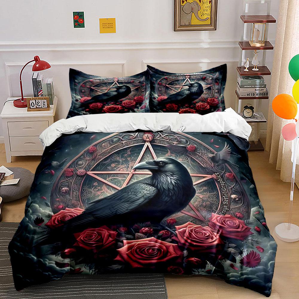 "Gothic Raven Rose Decor Set" Bedding Set with 1 Duvet Cover 2 Pillowcases Single Double King Queen, Gift