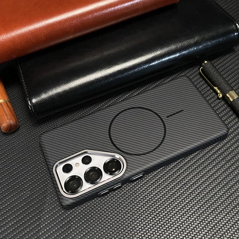 Carbon Fiber Texture Ultrathin Case for Samsung Galaxy S25 Plus Ultra for Magsafe Alloy Lens Wireless Charging Hard PC Cover