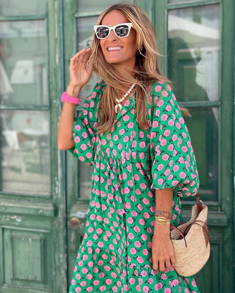 2022 Summer Trendy Geometric Puff Sleeve Dress, Plus Size Women's Fashion.