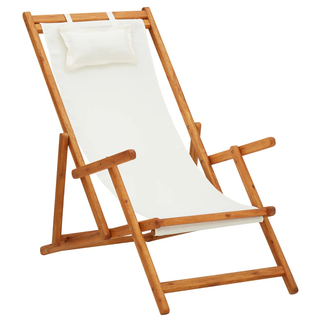 Folding Beach Chair Solid Eucalyptus Wood and Cream Fabric