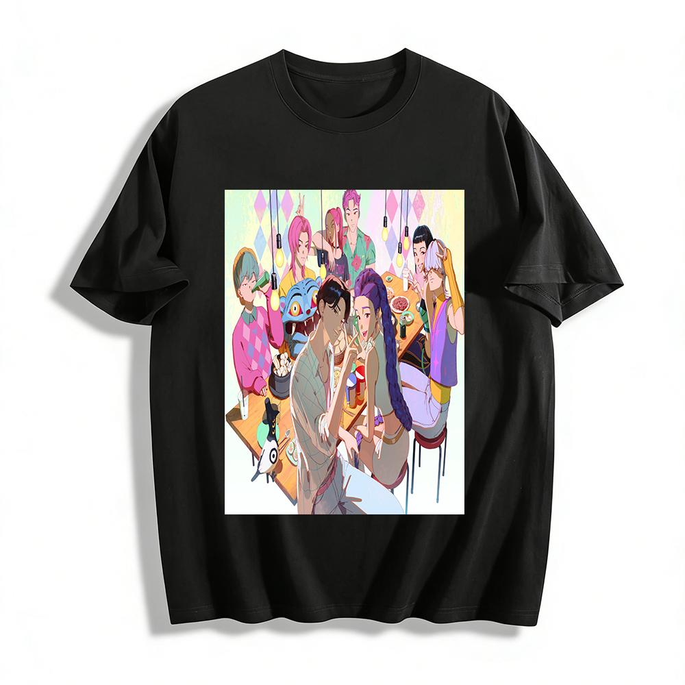

Trendy Anime Dinner Party Print T-Shirt Unisex Casual Loose Top With Cartoon Characters Pure cotton T-shirt XXS