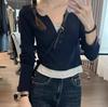 2025 Women's Spring/Autumn Color Block Two-Piece Look Long Sleeve T-Shirt with Chic Buttons