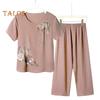 2 Pcs/Set Women T-shirt Pants Set Homewear Outfit Solid Color Floral Print Round Neck Short Sleeve Top Wide Leg Elastic Waist Loose Pants Pajamas