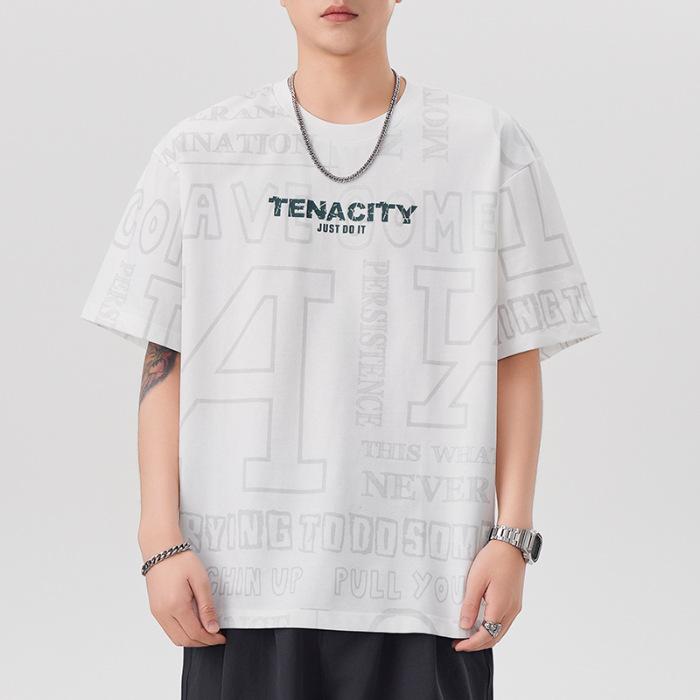 Latest Summer Round Neck Short-sleeved T-shirt for Men Full Print Relaxed Fit Five-quarter Sleeve T-shirt Leisure Japanese Style M