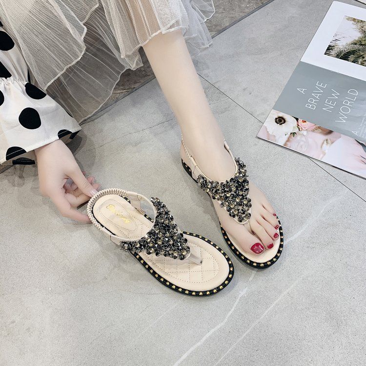 Sommer Damen Sandalen Clip Toe Female Fairy Wind New Strass Bohemian Flat Bottom Strandschuhe Sandalen Gummimaterial