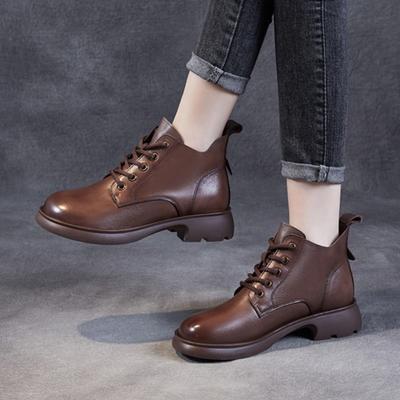 Scarpe da donna in vera pelle, stivaletti corti casual, tinta unita, versatili, con lacci