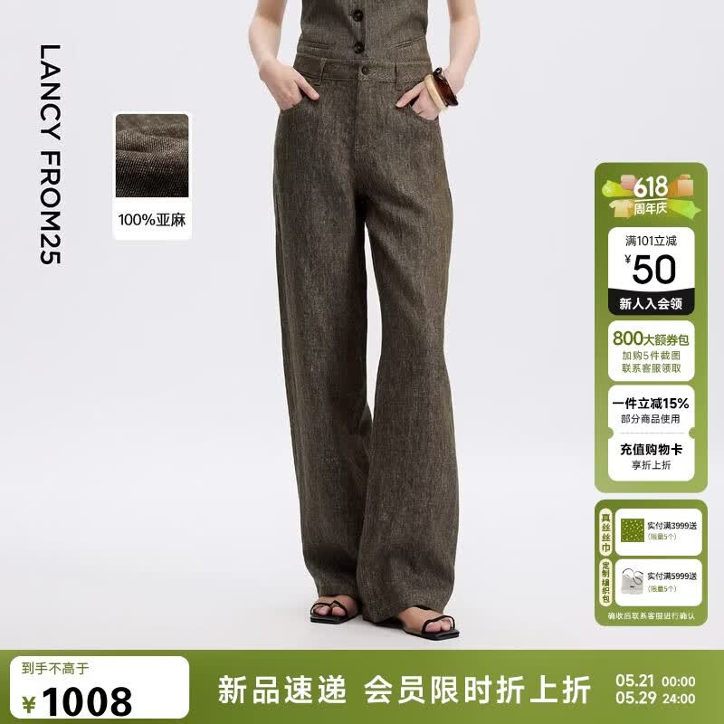LANCY High-Waist Wide-Leg Linen Trousers L
