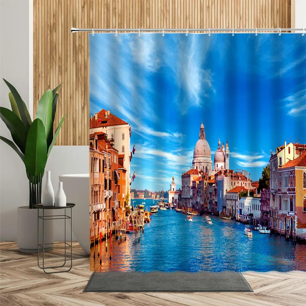 Scenery Shower Curtain Greece Seaside City Blue House Printed Fabric Bath Curtain Home Bath Decoration Bathtub Screen With Hooks