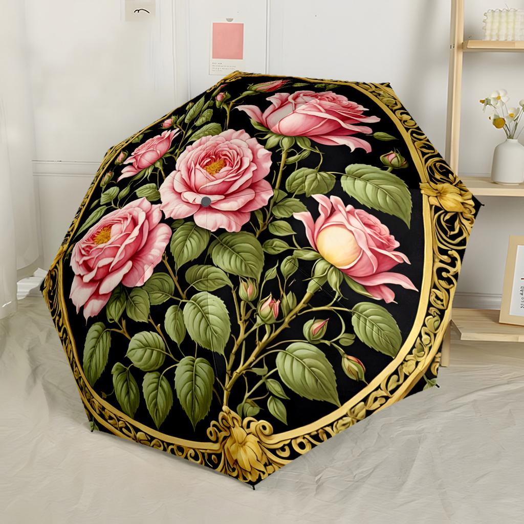 Floral Harmony In Red Automatic Umbrella Folding Umbrella with 8 Ribs Sturdy Construction Travel Essential Compact Folding Umbrella