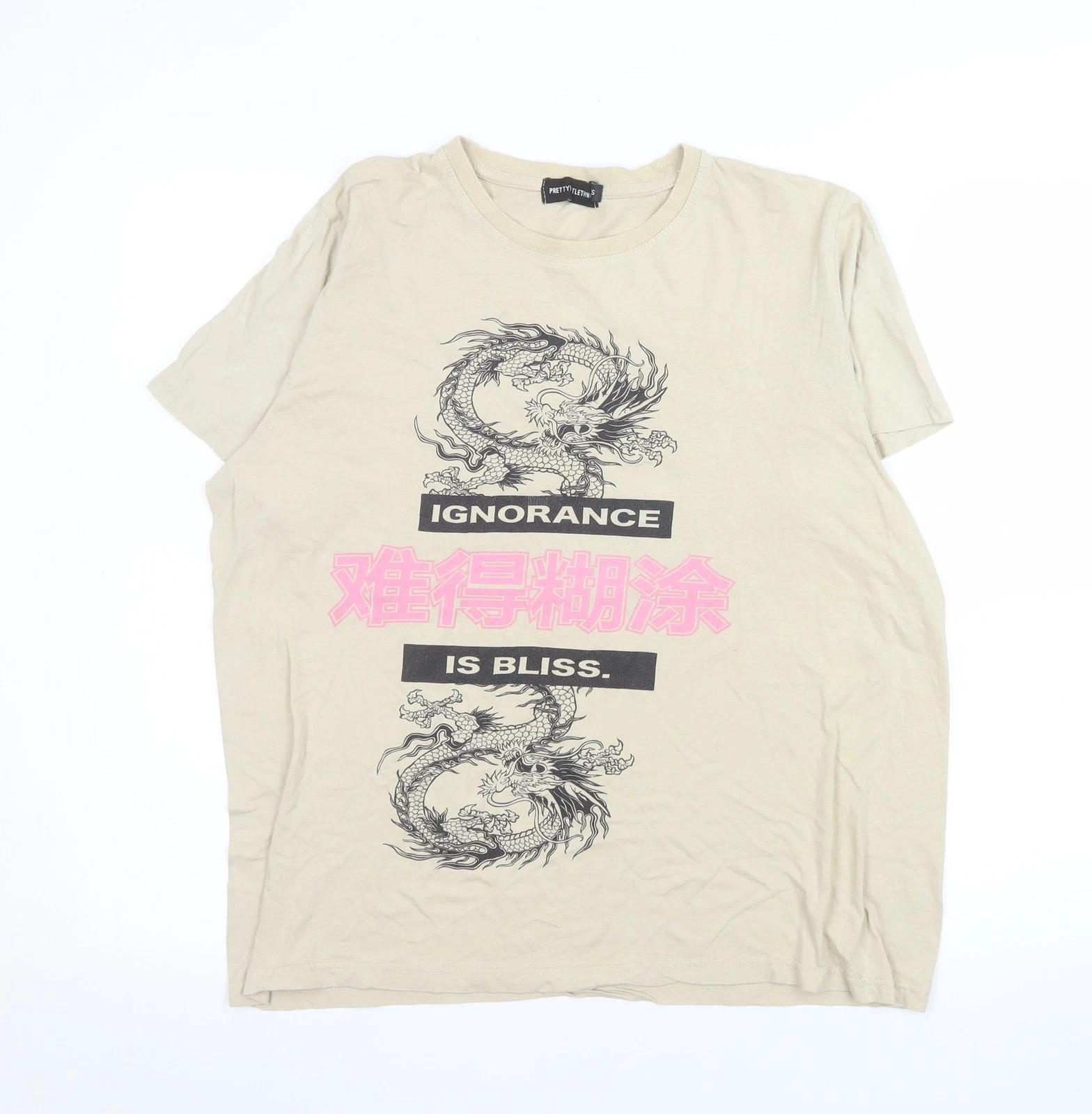 PrettyLittleThing Women s Beige Dragon Graphic T-Shirt Size S L