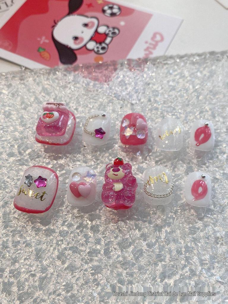 Strawberry Bear Short Wearable Nails - Cute Cartoon Design, Gentle Whitening, Handmade Finished Manicure Patches
