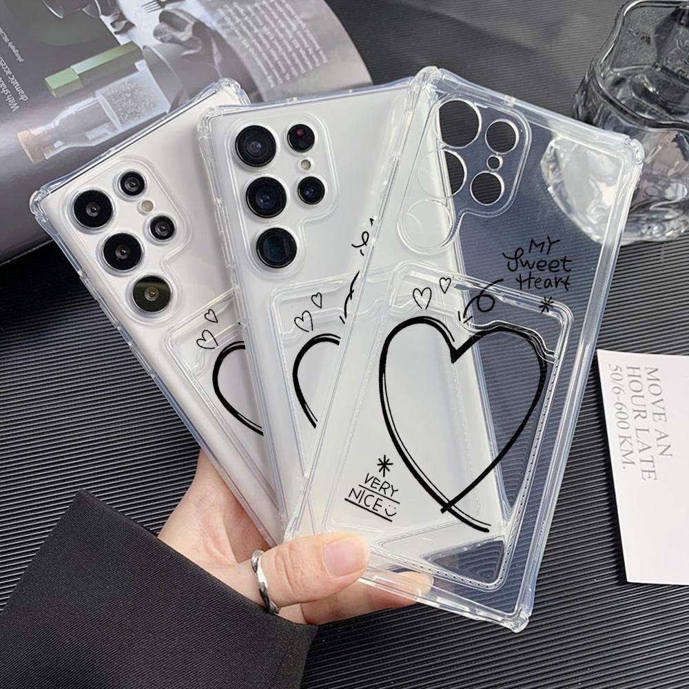 Card Holder Case For Samsung S24 Ultra A06 A05s A05 S23 Plus S22 S21 S20 FE A10s A10 A04 A03s A03 Love Heart Soft Silicone Cover