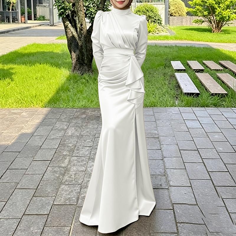 ZANZEA Women Elegant Stand Collar Casual Long Sleeve Satin Long Dress
