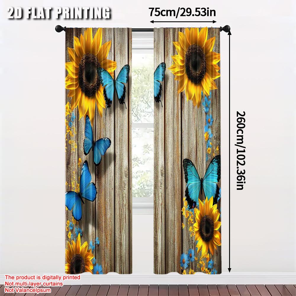 Flat Printing Scene Curtains Butterflies Sunflowers Wooden Wall Durable Polyester Fabric Without Electricity Set Of 2 Made
