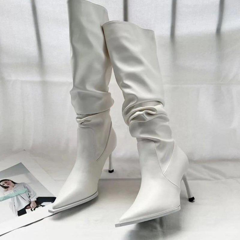 Fashion Comemore Autumn Winter Women's Boots New Pointed High Heels Sexy Pleated Thin Heels Female Fashion Versatile Mid Length Boots