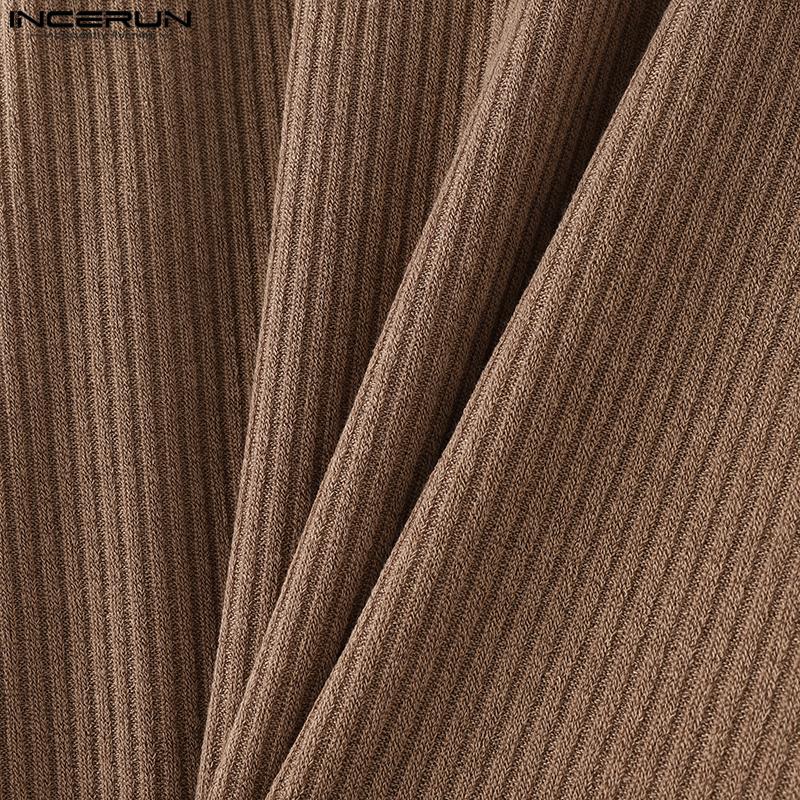 INCERUN Bărbați Deep V Jumătate cu mânecă lungă tricotată Casual Top cu coaste