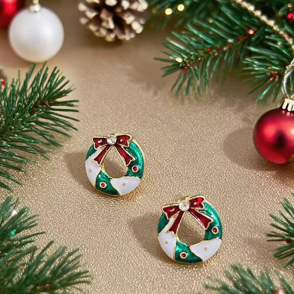 Exquisite Christmas Stud Earrings with Drip Oil & Inlaid Diamonds - Festive Fashion Jewelry