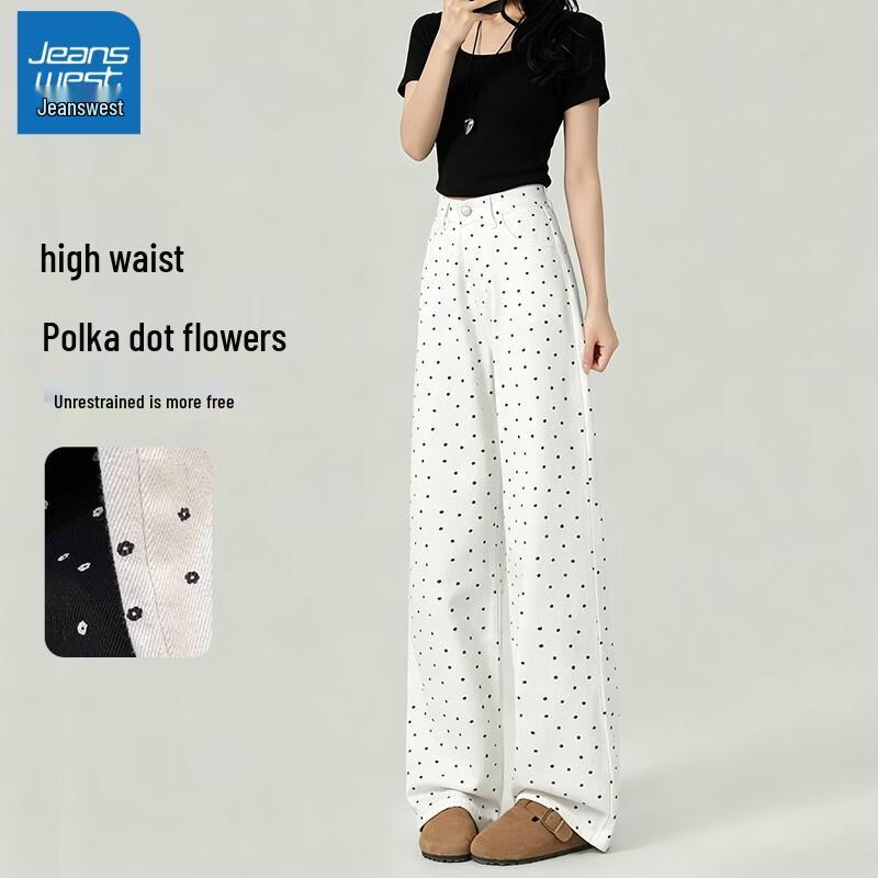 Jeanswest Women s Floral Polka Dot High-Waist Wide-Leg Jeans M