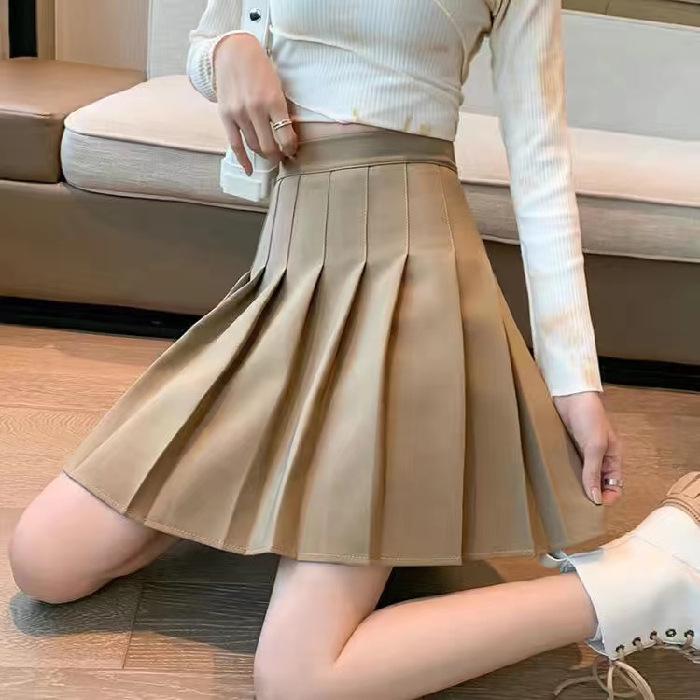 

Korean Style Pleated Skirt with Zipper and Buttons - Four Seasons Versatile JK Uniform Skirt 500 pieces minimum order легкие хаки