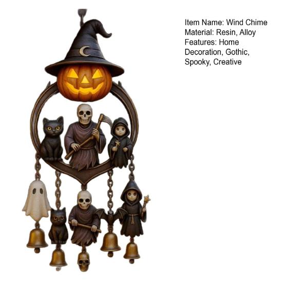 Halloween Gothic Wind Chime Spooky Bell Chime with Pumpkin Lantern Grim Reaper Ghost Black Cat for Porch Window Home Decor