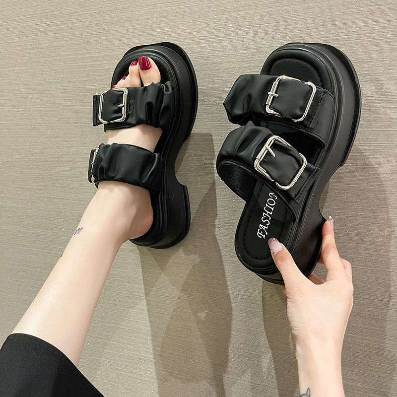 

Slippers women s summer outer wear 2025 new thick-soled versatile muffin shoes non-slip fashion buckle word with cool slippers women 40 чёрный