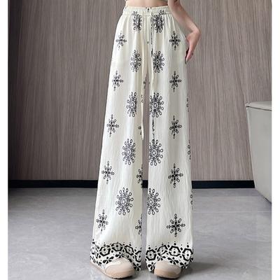 Sommer Damen Vintage Print Baumwolle und Leinen Dünne Hohe Taille Weites Bein Hose Hose Für Mädchen