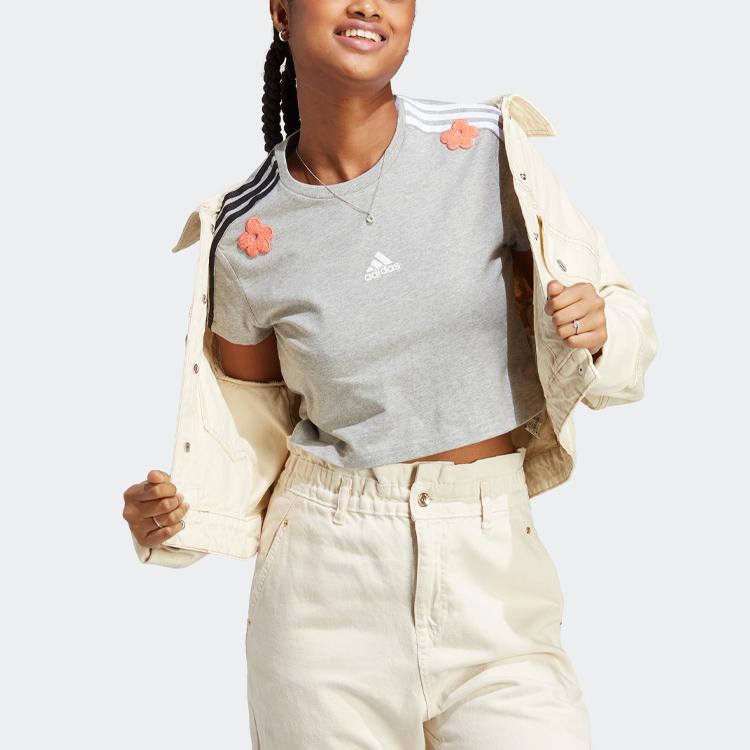 Adidas Chenille Flower Patches Logo Striped Print Crew Neck Short Sleeve T-Shirt Women Tops Medium-Hemp-Gray IC0027