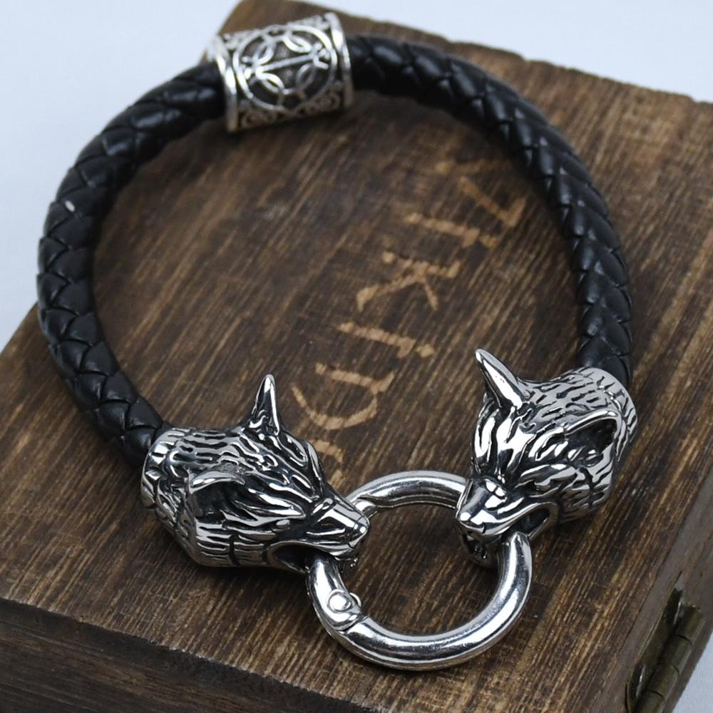 Wolf Head Bracelet Stainless Steel Viking Rune Bead Leather Bracelet Jewelry For Women Men Unisex Gift