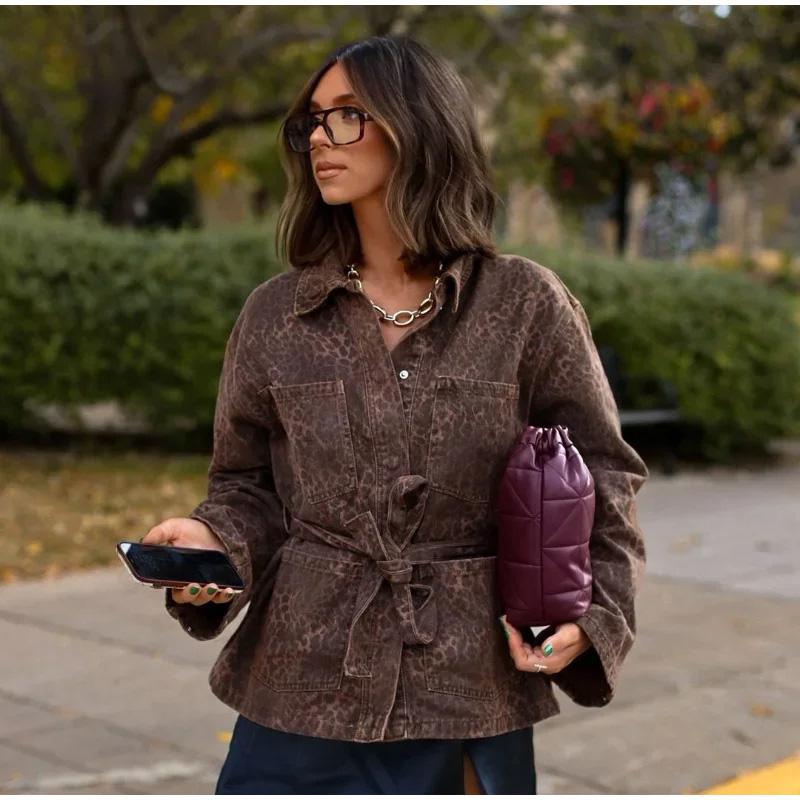 Vintage Damen Schnürjacke Leopardenmuster Kurzjacke Mode Slim Reverskragen mit Taschen Mantel Neu Herbst Damen Oberbekleidung