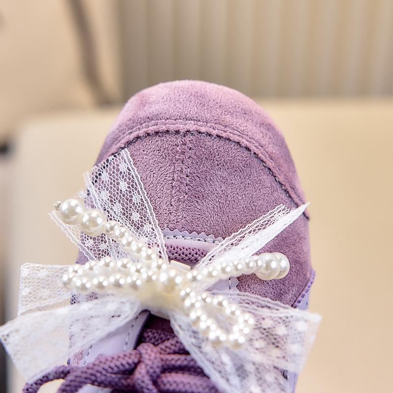 2025 Autumn Korean Retro Casual Shoes for Kids with Bow, Pearl, and Lace-up Design