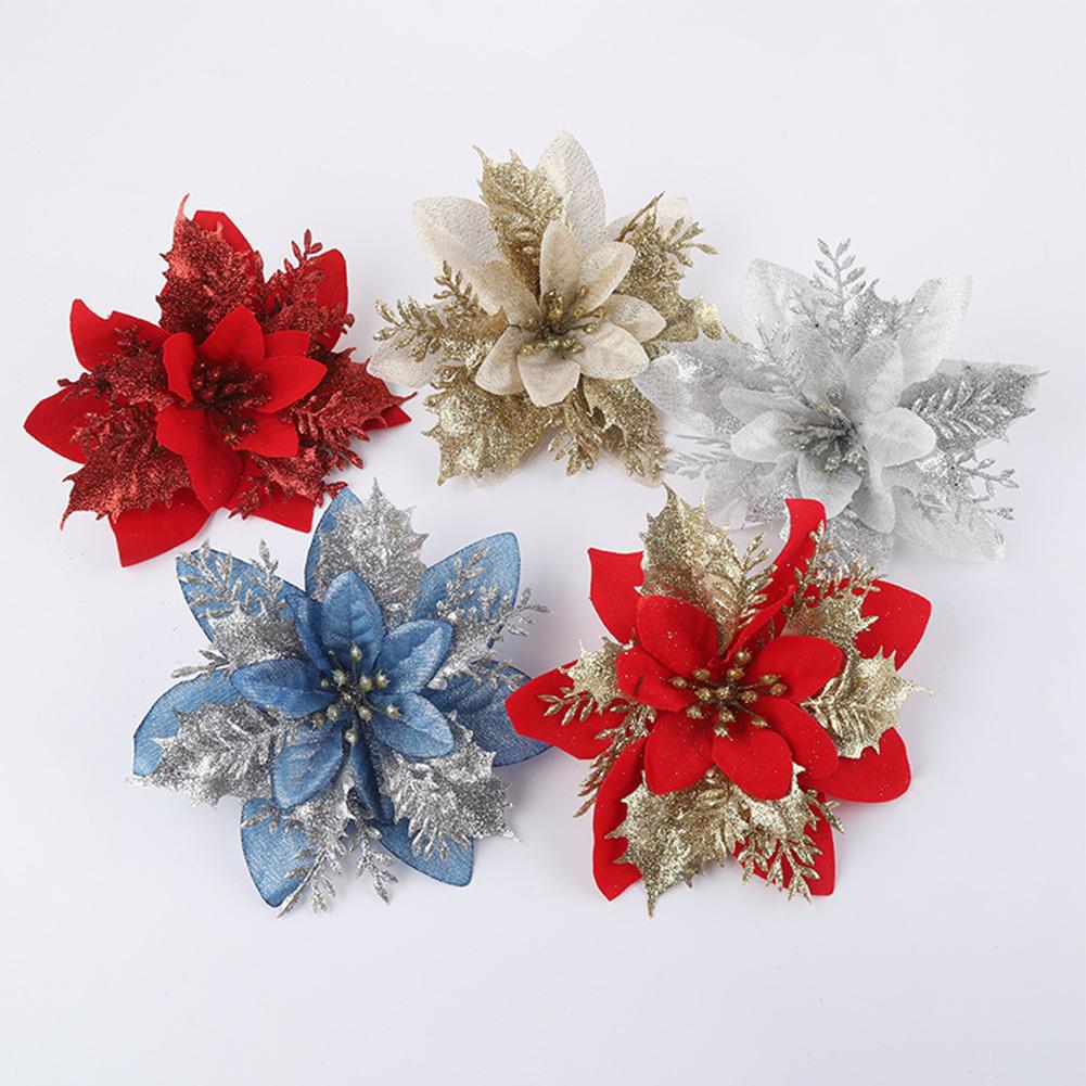 10/20Pcs Christmas Flowers Decor 15cm Glitter Flowers Decors for Christmas New Year Party Supplies