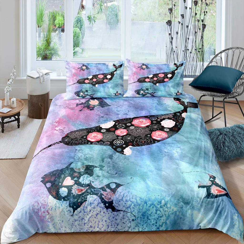 Whales King Queen Duvet Cover Ocean Animal Bedding Set Seaweed Starfish Marine Life Quilt Cover Blue Polyester Comforter Cover
