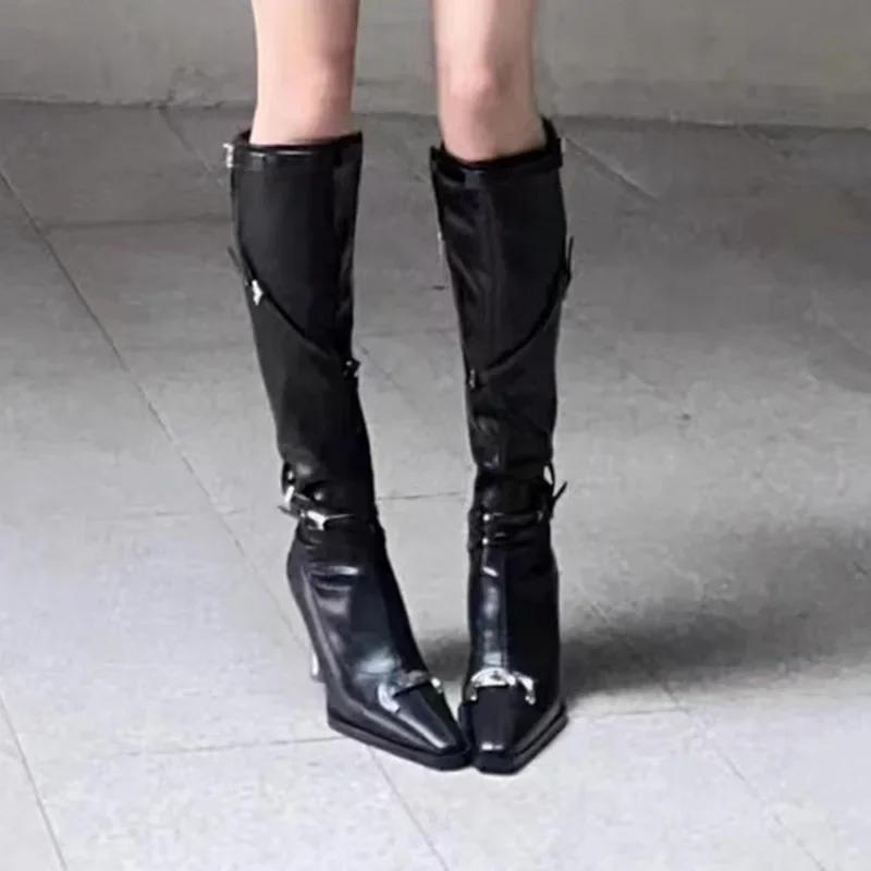 Brand Design Metal Decoration Knee Boots Women 2025 Winter Sexy Pointed Toe Strange High Heel Boots Future Technology Y2K Shoes