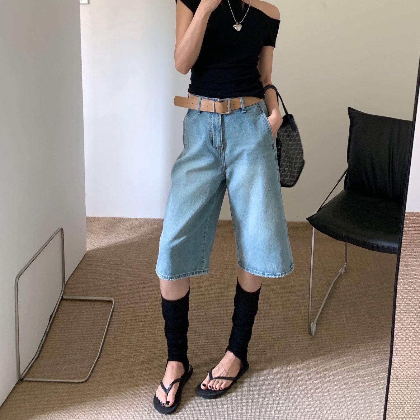 

Spring European & Korean Style Wide-Leg Jeans with Belt - Fashionista 82359 Small світло-синій колір