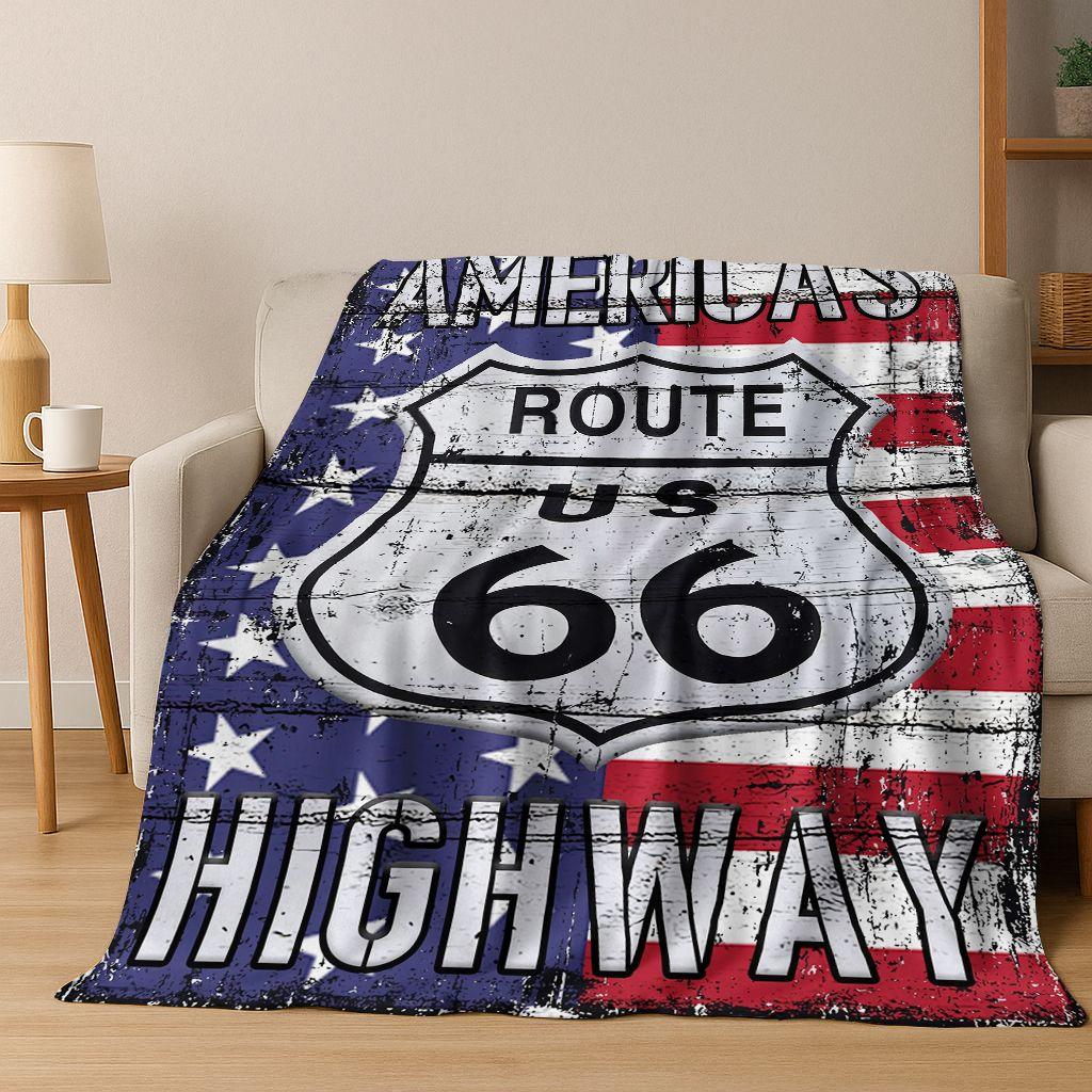 Retro Route 66 Road Trip America Historic Mother Road Art Flannel Blanket,Cozy Soft Throw Blanket for Home Bedroom Bed Sofa Gift