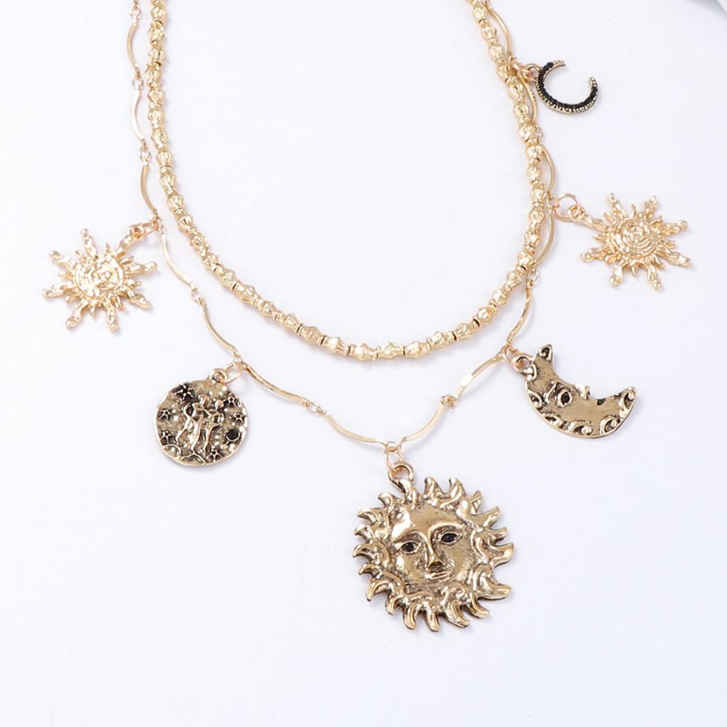 Personalized Retro Trend Design Sense Alloy Sun Moon Pendant Double Layer Stacked Chain Women's Necklace