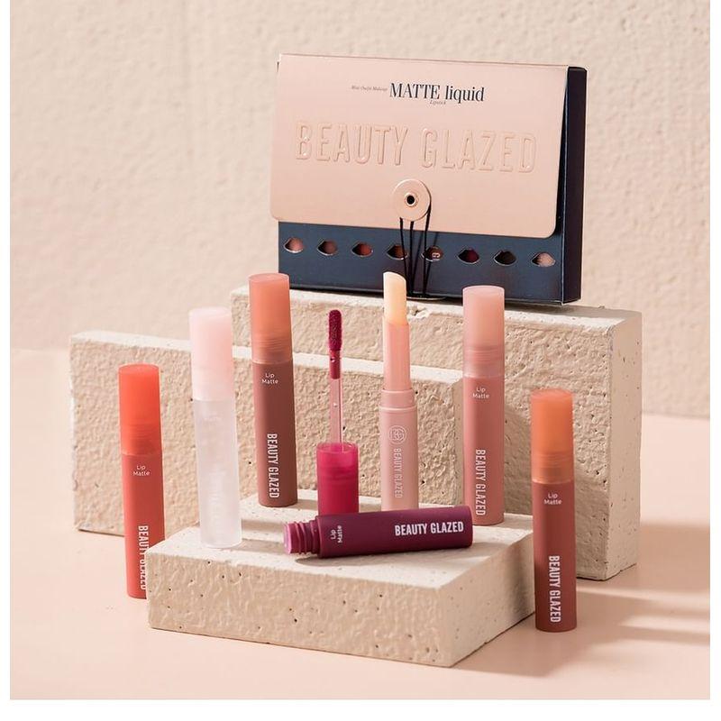 BEAUTY GLAZED - Set mit 8: Matte flüssige Lippenstift + Lippenöl + Lippenbalsam