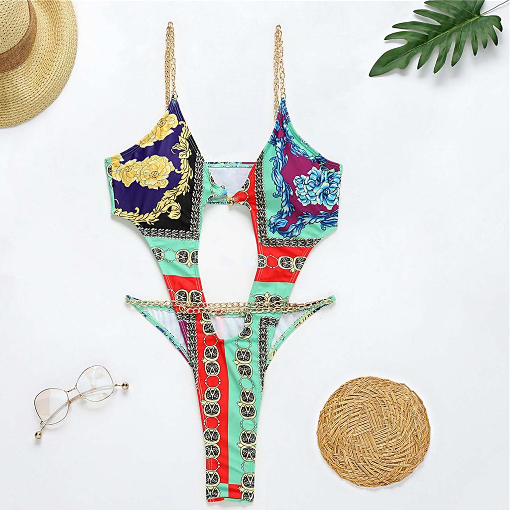 Women's Fashion Sexy Hollow Chain Personalized Printed One-Piece Swimsuit