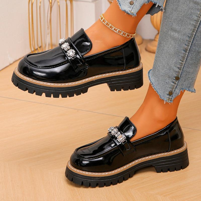 Новые Туфли 2026 Яркая Кожа Черные Британская Платформа Увеличенная Лофер Слипон Женские Большого Размера 36 чёрный