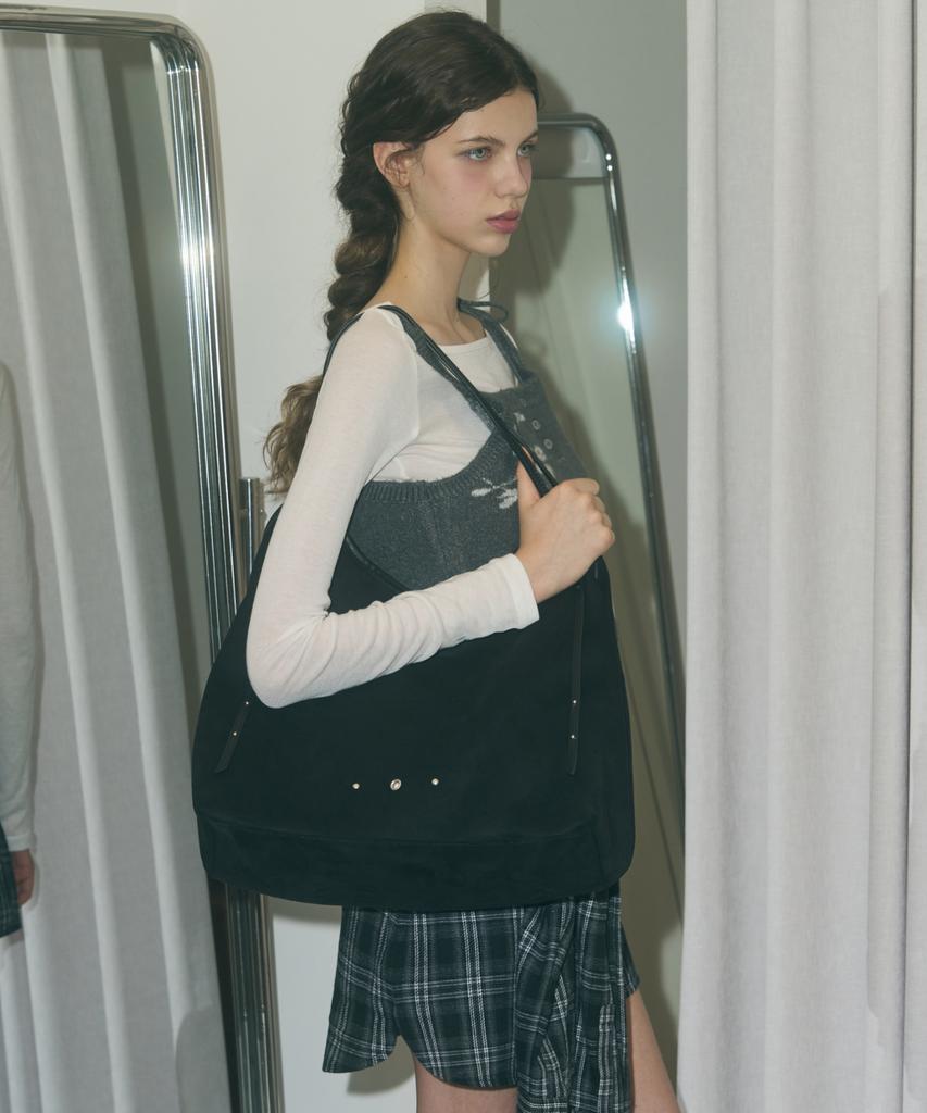 Leathery Suede Shopper Drop Shoulder Bag [Black]