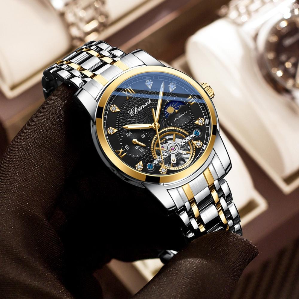 Orologio meccanico di lusso Tourbillon per uomo in acciaio inossidabile  argentato con movimento automatico a carica automatica