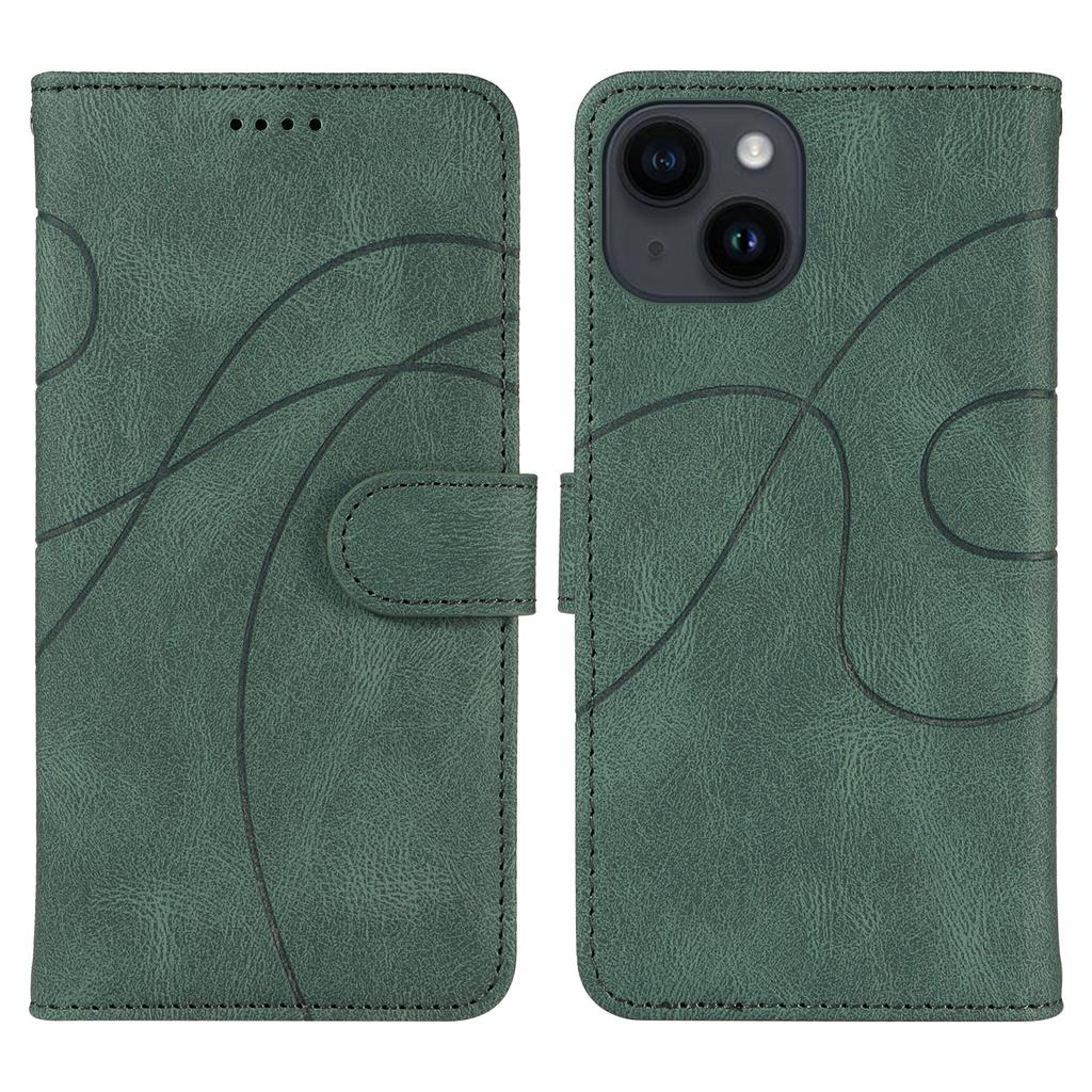 For iPhone 15 Wallet Case Leather Phone Cover Stand with Curved Line Design