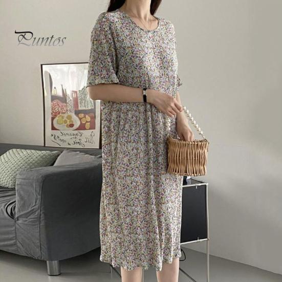 Summer Women Dress Small Flower Print Crew Neck Loose Short Sleeves Pleated Mid-calf Length Pullover Dating Shopping Midi Dress
