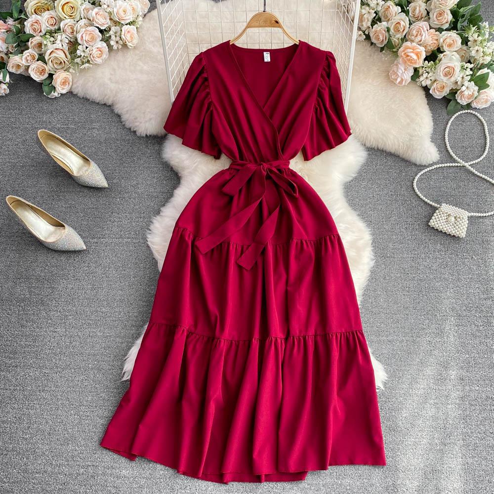 Summer gentle wind temperament V-neck bubble short-sleeved pleated waist thin a-word dress super fairy pendulum long skirt