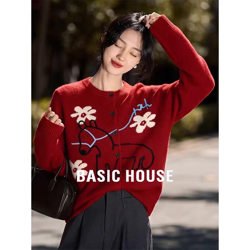 Basic House Women s Red Jacquard Knit Cardigan L