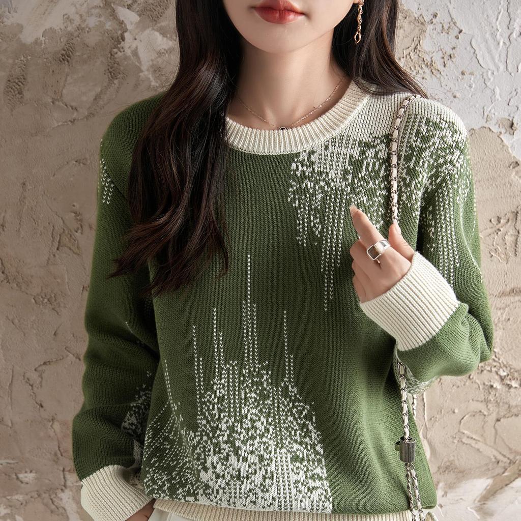 Ethnic Jacquard Crew Neck 100% Cotton Women's Cardigan Sweater - Autumn 2025 Collection