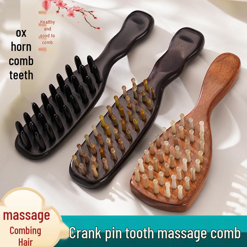 Curved Handle Ox Horn & Sandalwood Massage Comb with Pin Teeth for Men and Women