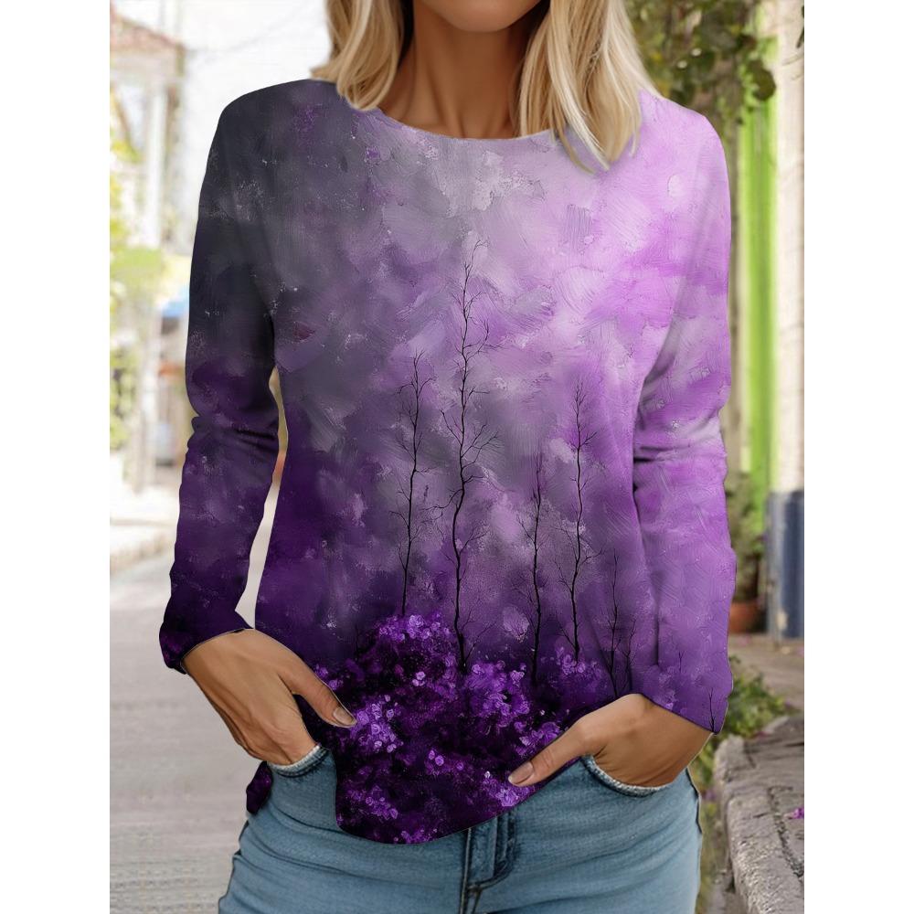 Women's Printed Color T-shirt Fashion Long-sleeved Round Neck Regular Tops Spring and Autumn Wear