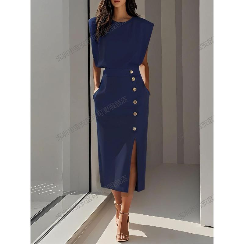 European and American Fashion Royal Sister Style Solid Color Round Neck Waist Split Metal Buttons Summer Dress Women