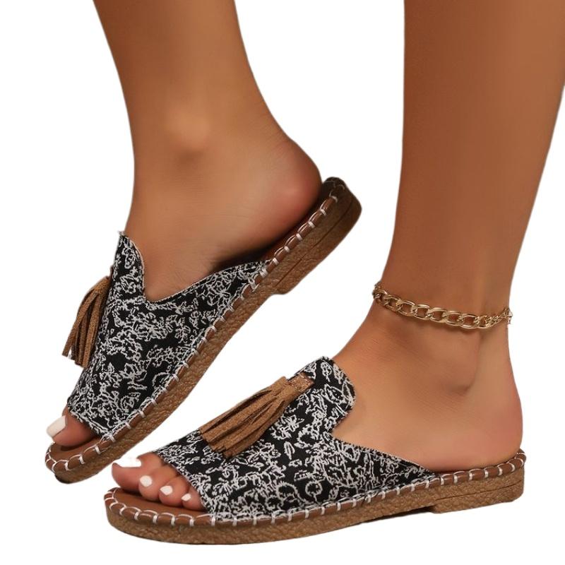 

Женские повседневные пляжные шлепанцы для отпуска 2025 Лето Новая мода Бахрома Уличная обувь на плоской подошве Сандалии с открытым носком Zapatos De Mujer Слайды 36